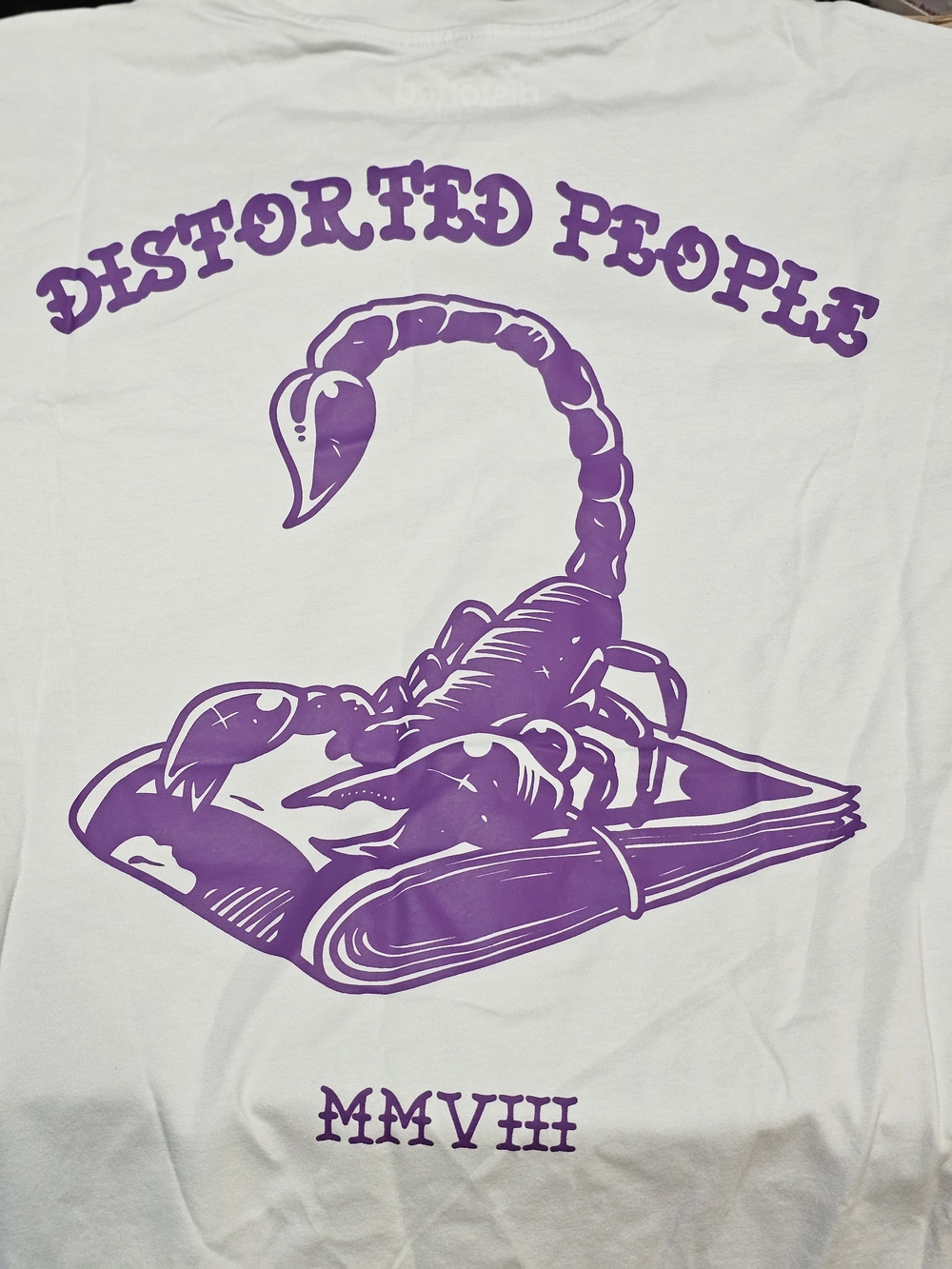 German Streetwear Distorted People White T-Shirt with Purple Scorpion Graphic
